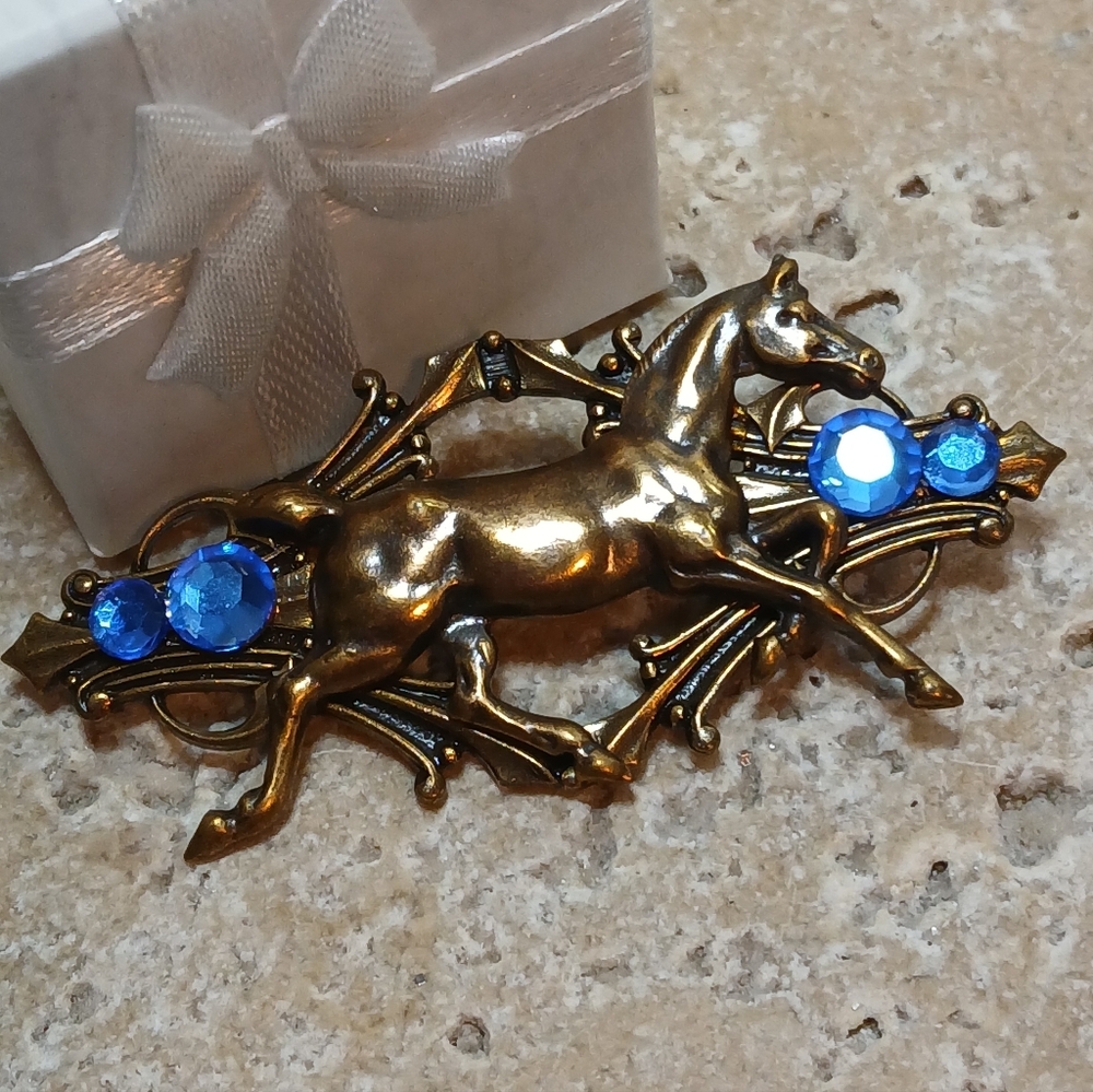 Antique Brass Deco Frame Equestrian Racing Horse Pin Cobalt Swarovski Crystals